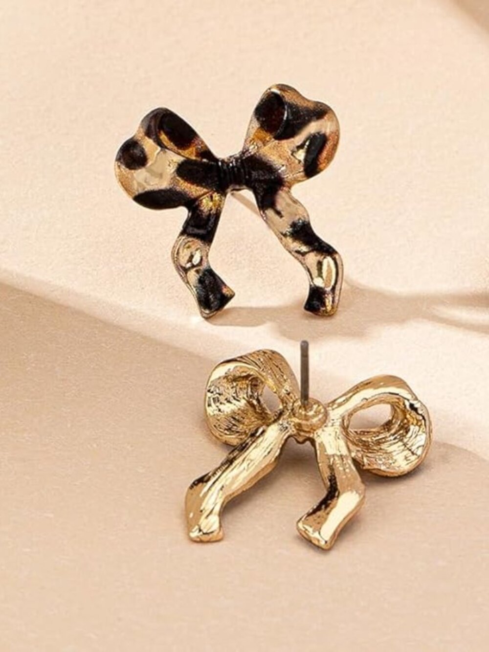 Super cute 🎀 Leopard Print Bow Stud Earrings - Gold and Black earring pair - Picture 2 of 3